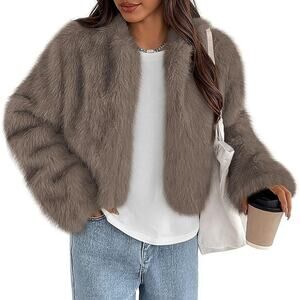 Womens Taupe Faux Fur Cropped Cozy Open Front Trendy Fall Fuzzy Jacket Medium